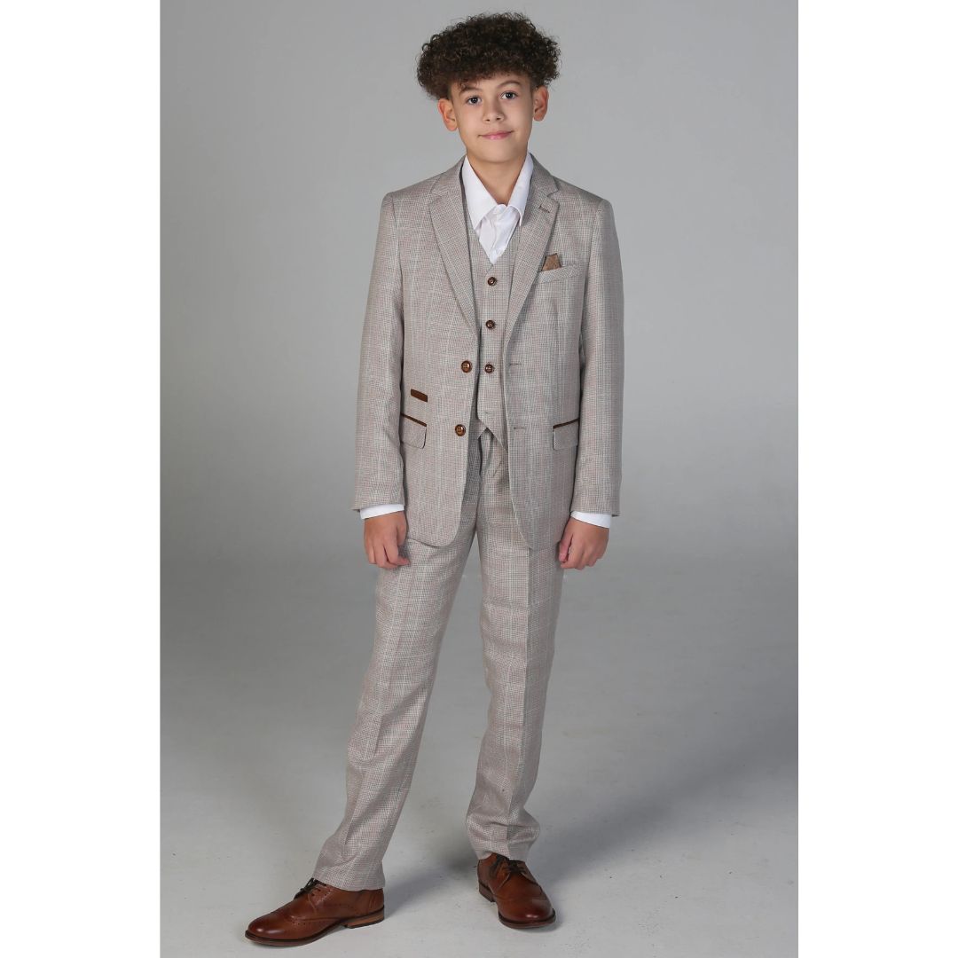 Boys Beige 3 Piece Checked Suit
