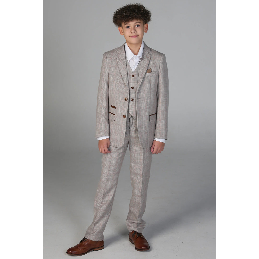 Boys Beige 3 Piece Checked Suit