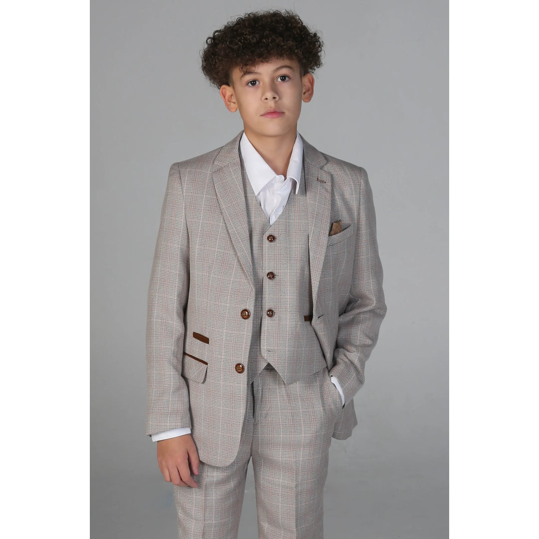 Boys Beige 3 Piece Checked Suit