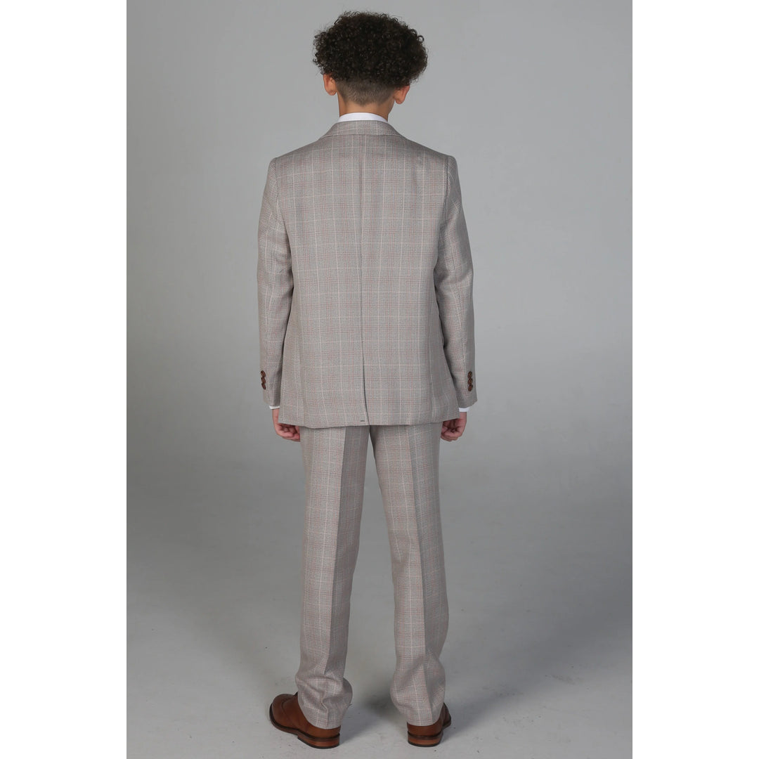 Boys Beige 3 Piece Checked Suit