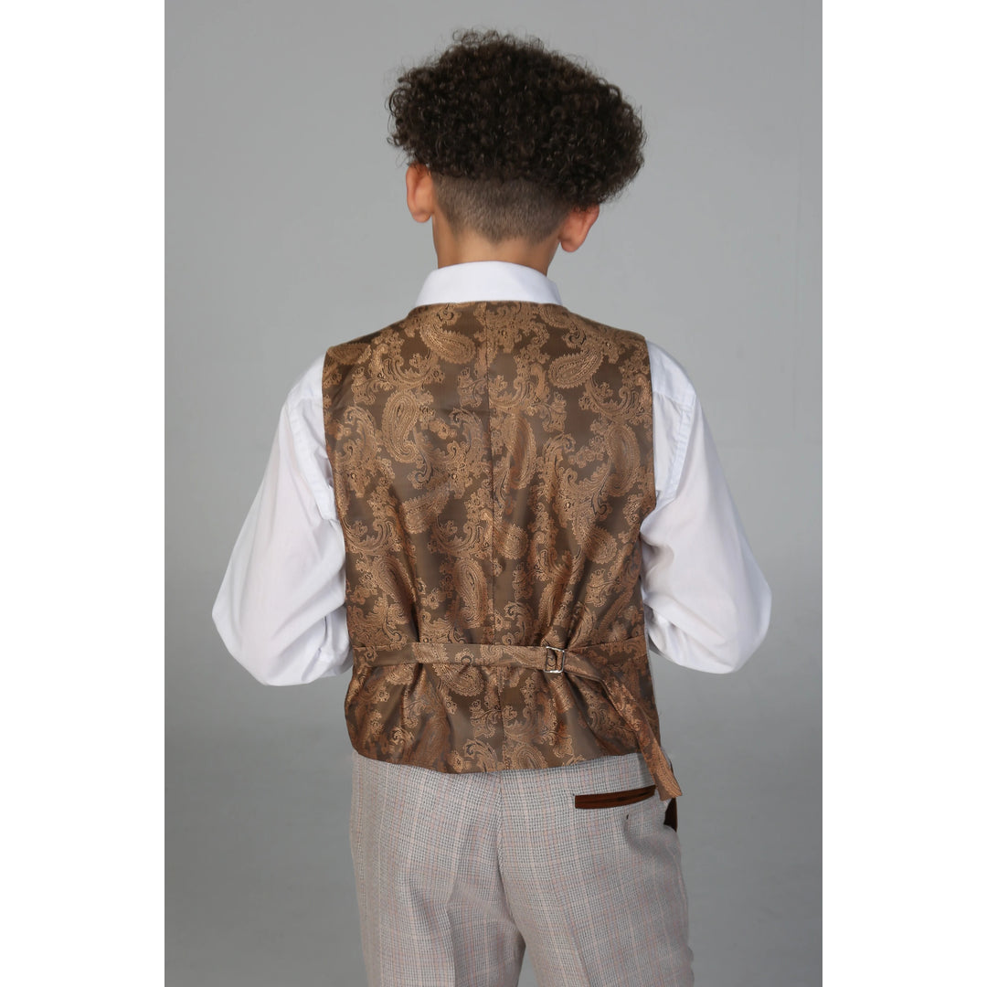 Boys Beige 3 Piece Checked Suit