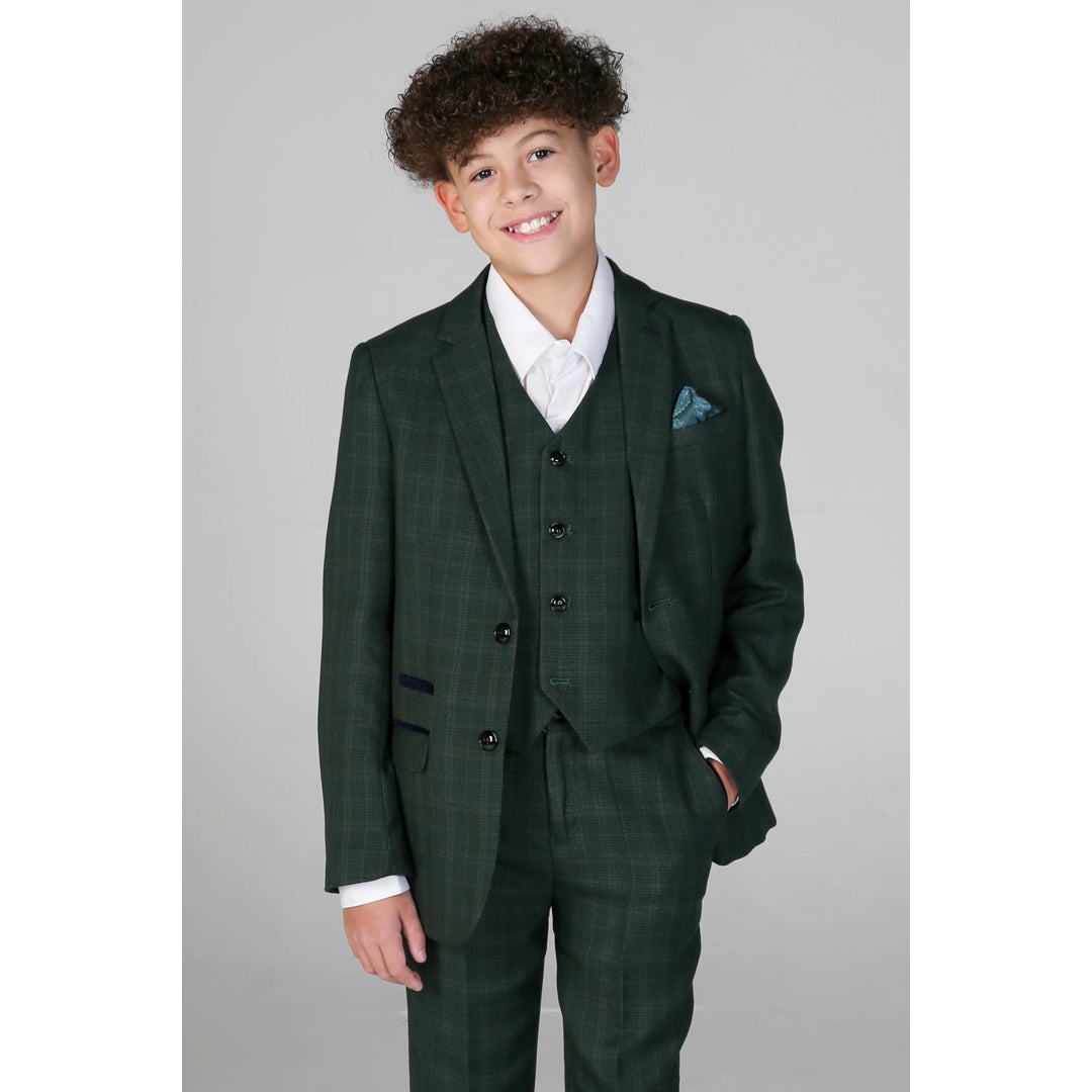Boys Green 3 Piece Checked Suit