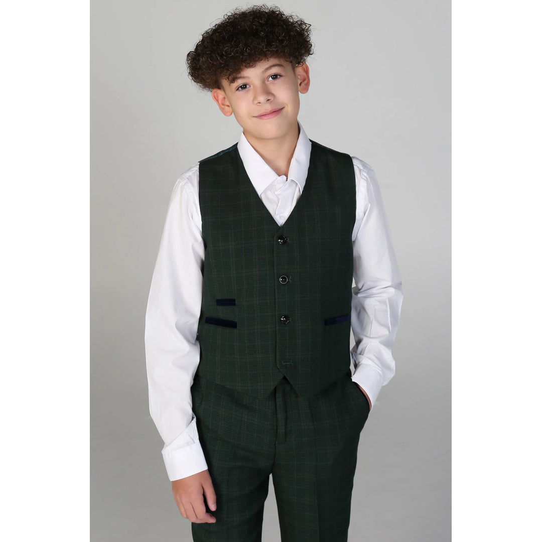 Boys Green 3 Piece Checked Suit