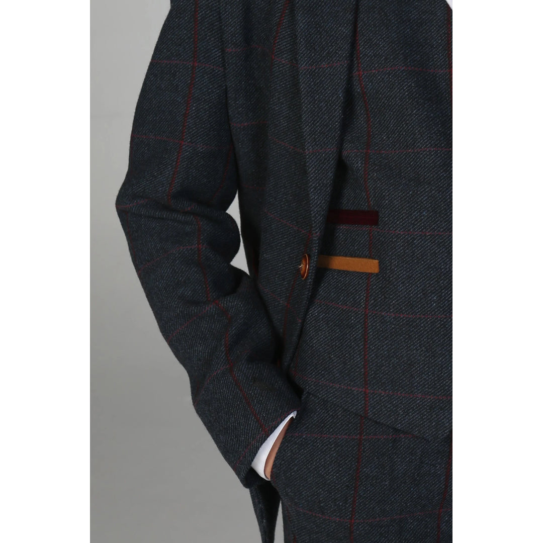 Boys 3 Piece Navy Tweed Check Suit