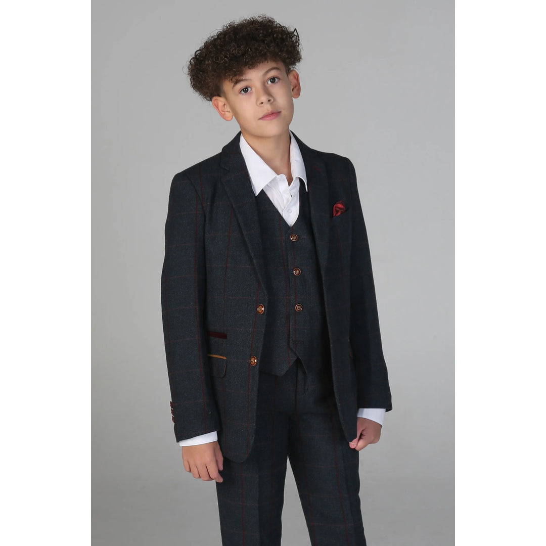 Boys 3 Piece Navy Tweed Check Suit