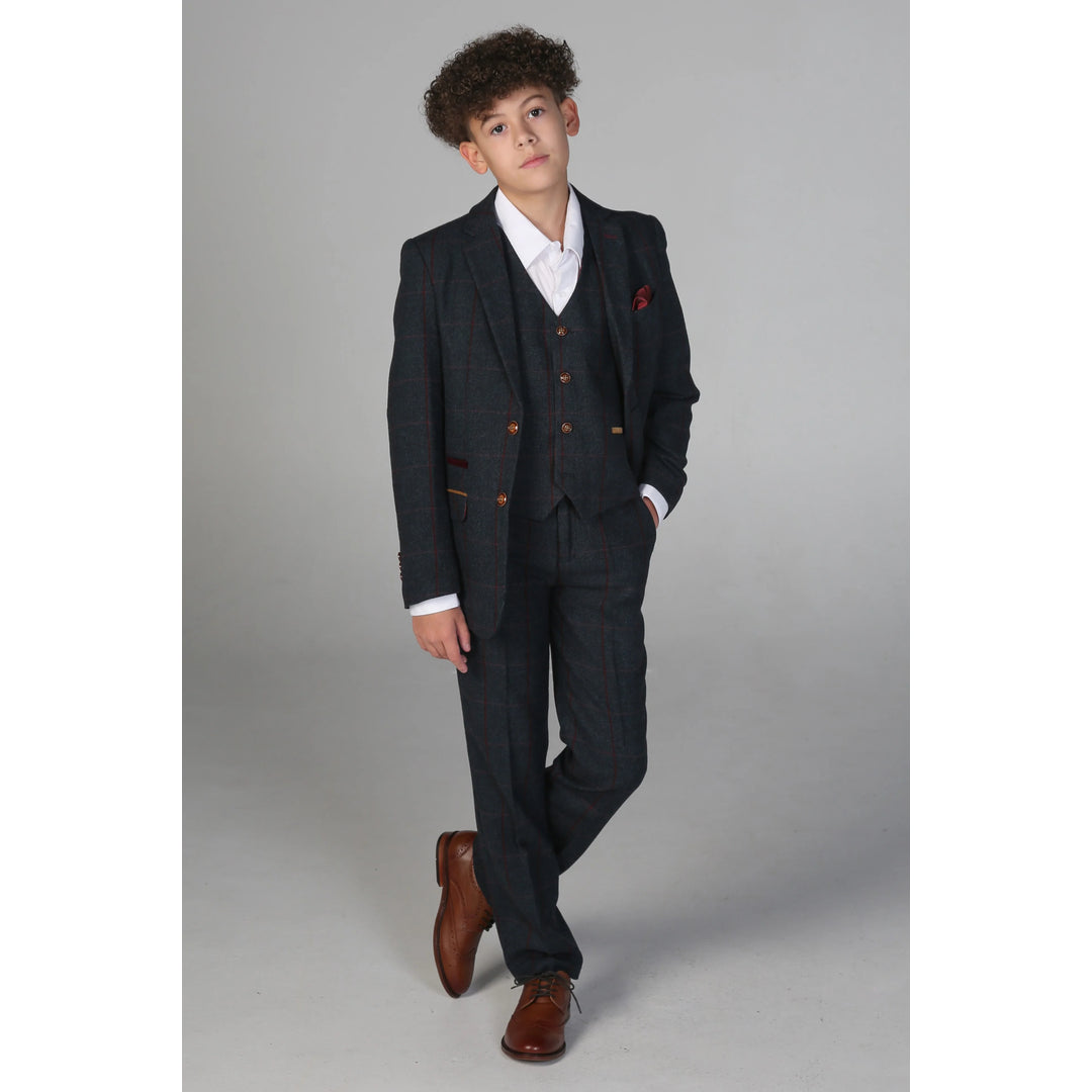 Boys 3 Piece Navy Tweed Check Suit