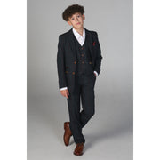 Boys 3 Piece Navy Tweed Check Suit