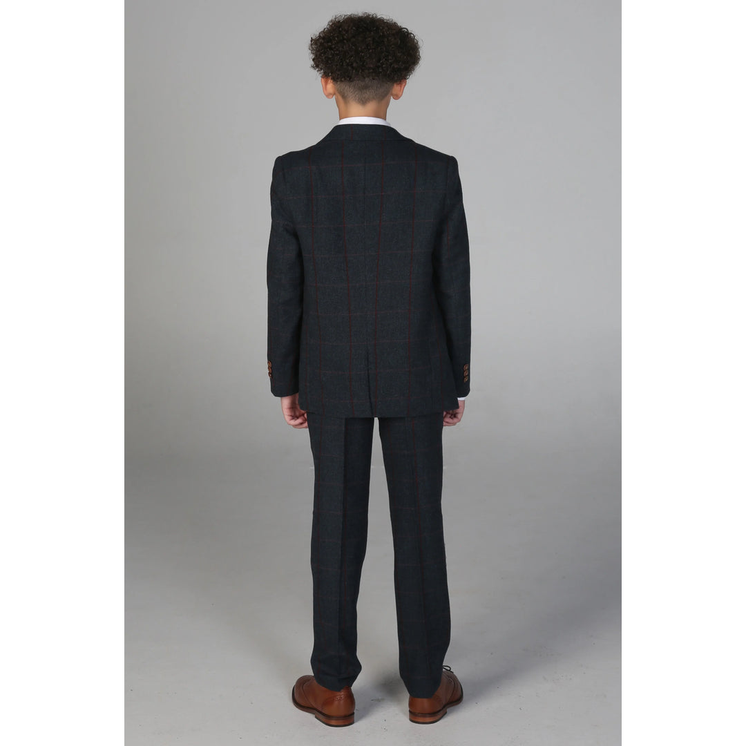 Boys 3 Piece Navy Tweed Check Suit
