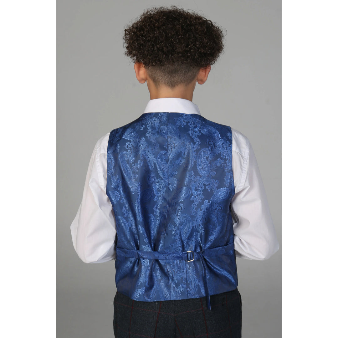 Boys 3 Piece Navy Tweed Check Suit