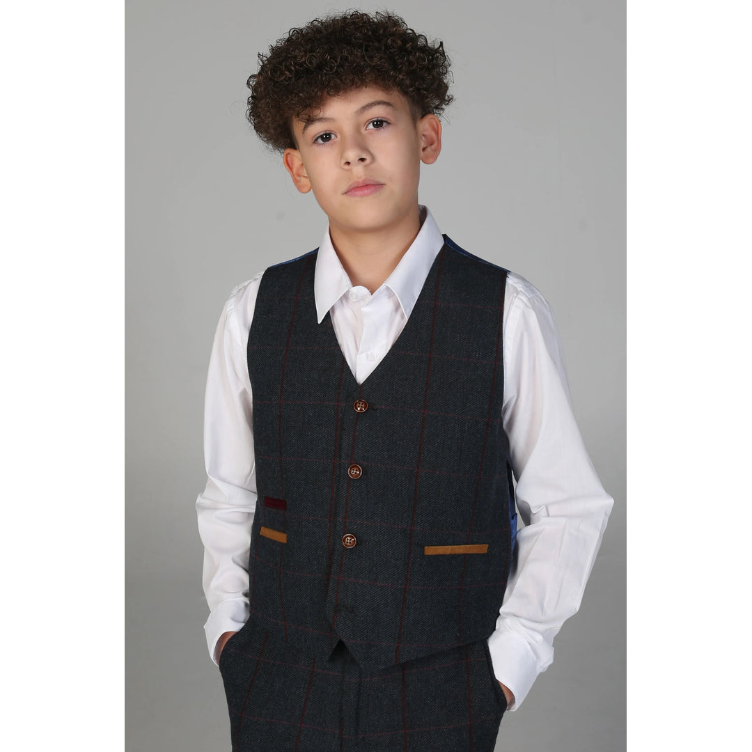 Boys 3 Piece Navy Tweed Check Suit