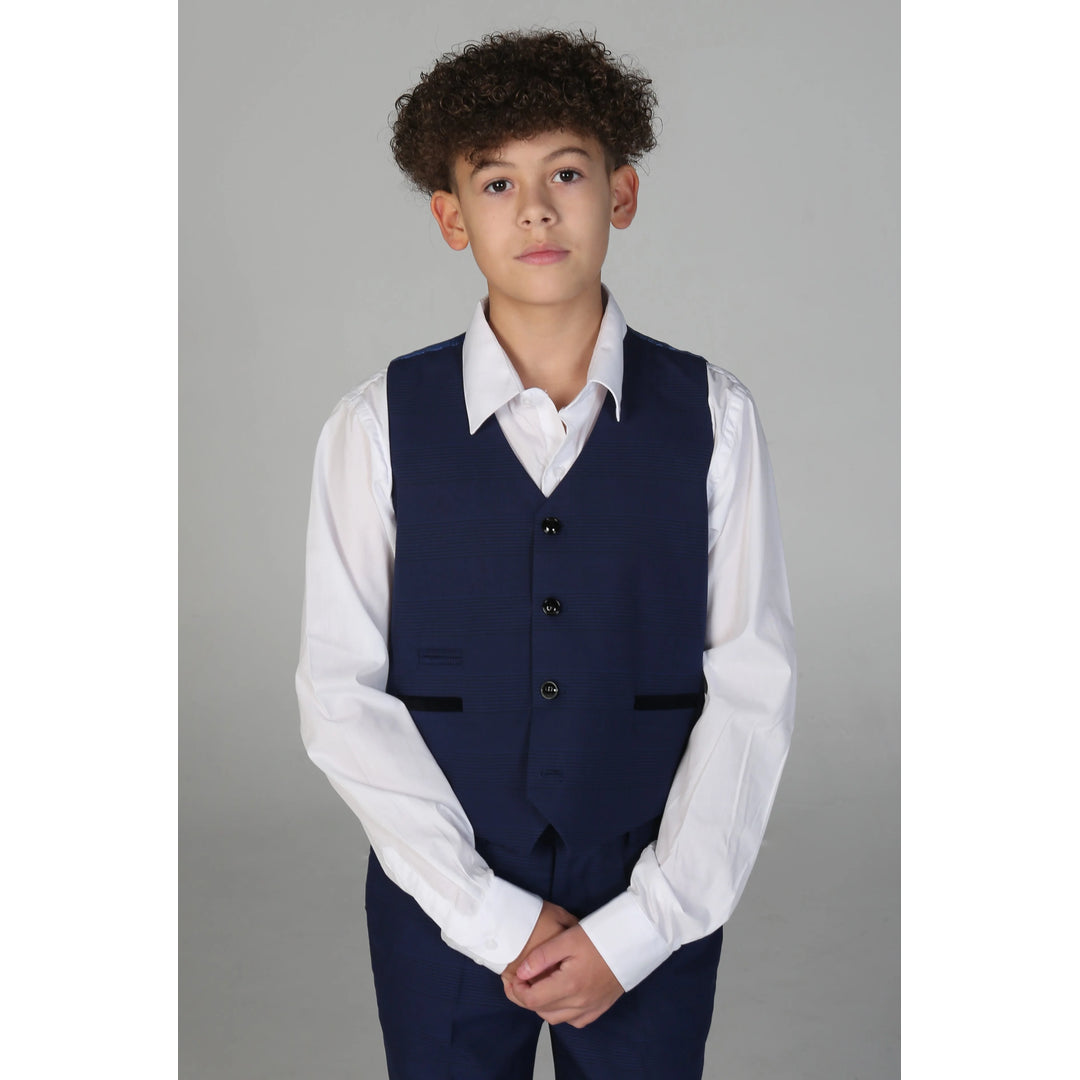 Boys Navy 3 Piece Check Suit