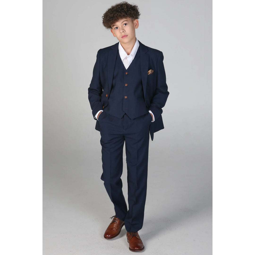 Boys Navy 3 Piece Suit Classic Birdseye Wedding