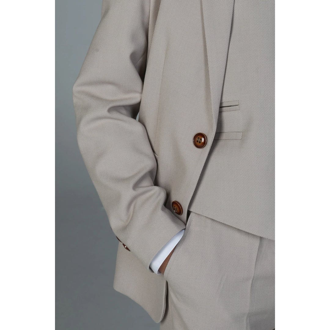 Boys 3 Piece Beige Suit Classic Birdseye Wedding