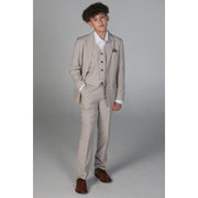Boys 3 Piece Beige Suit Classic Birdseye Wedding