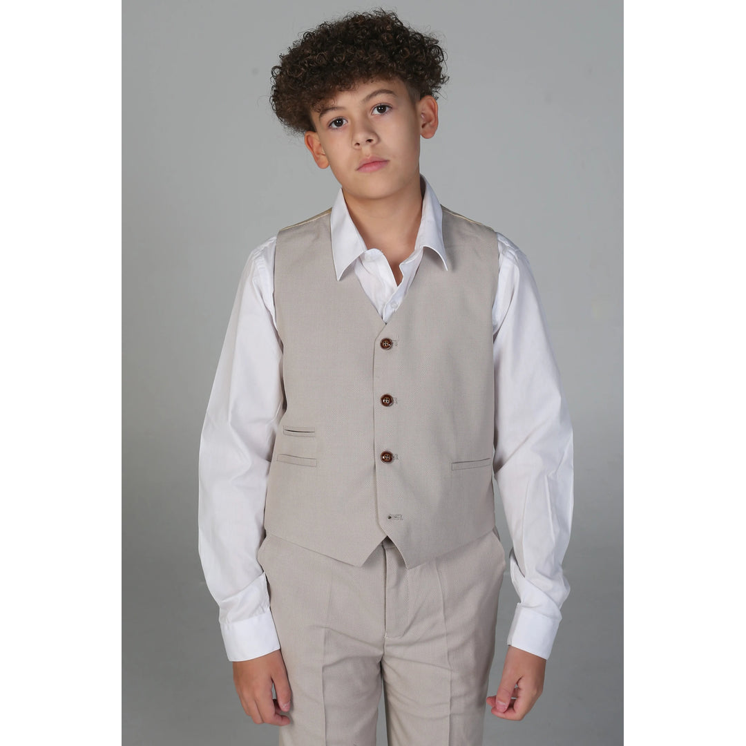 Boys 3 Piece Beige Suit Classic Birdseye Wedding