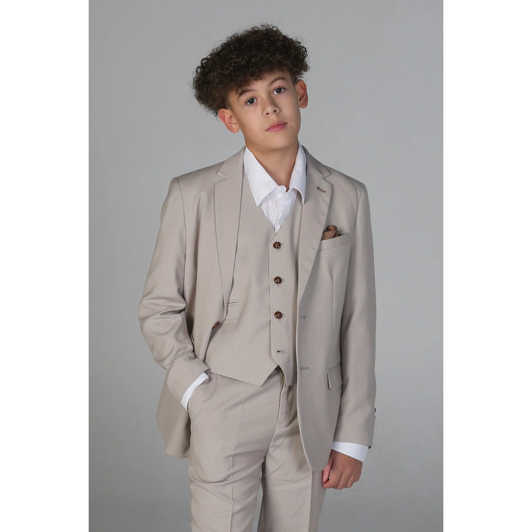 Boys 3 Piece Beige Suit Classic Birdseye Wedding