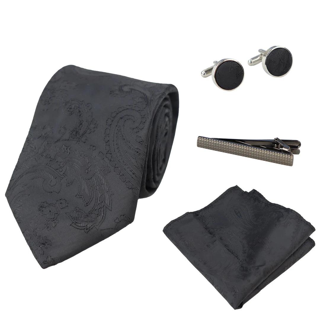 Paisley Neck Tie Gift Set Pocket Square Cuff Links Tie Floral Satin - Knighthood Store