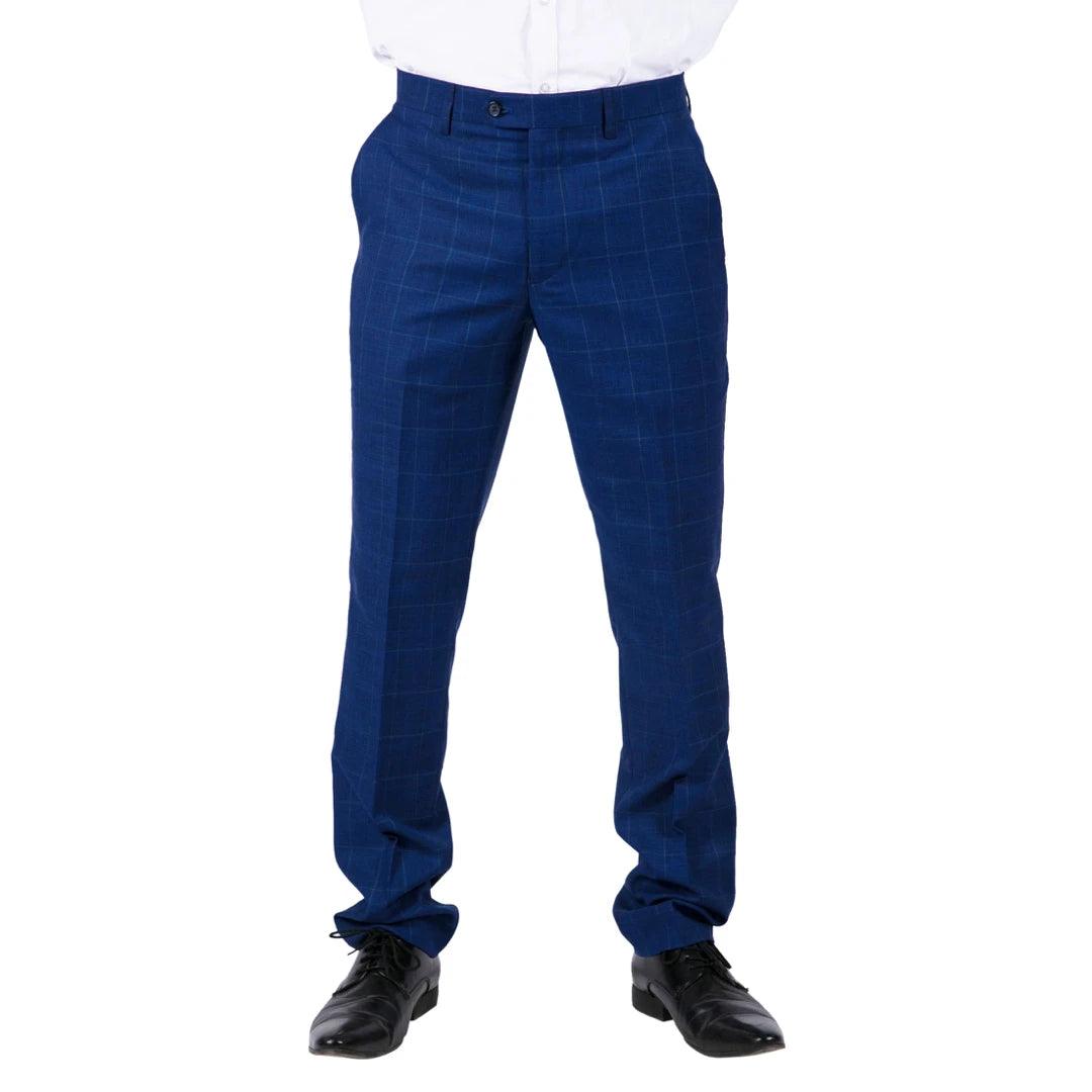 Mens Classic Trousers Tweed Check Retro 1920s Gatsby Blinders Blue Wedding - Knighthood Store