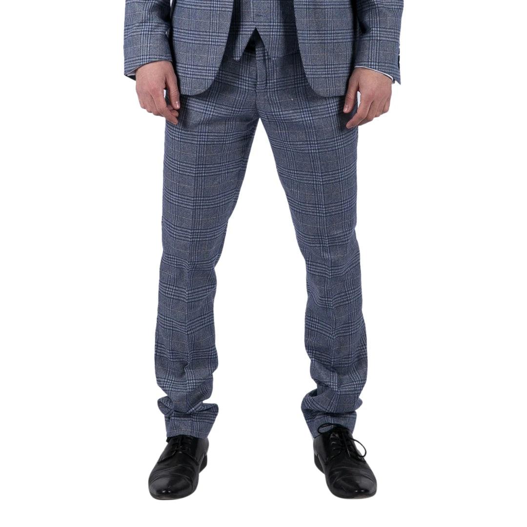 Mens Classic Trousers Tweed Check Retro 1920s Gatsby Blinders Royal Blue Wedding - Knighthood Store