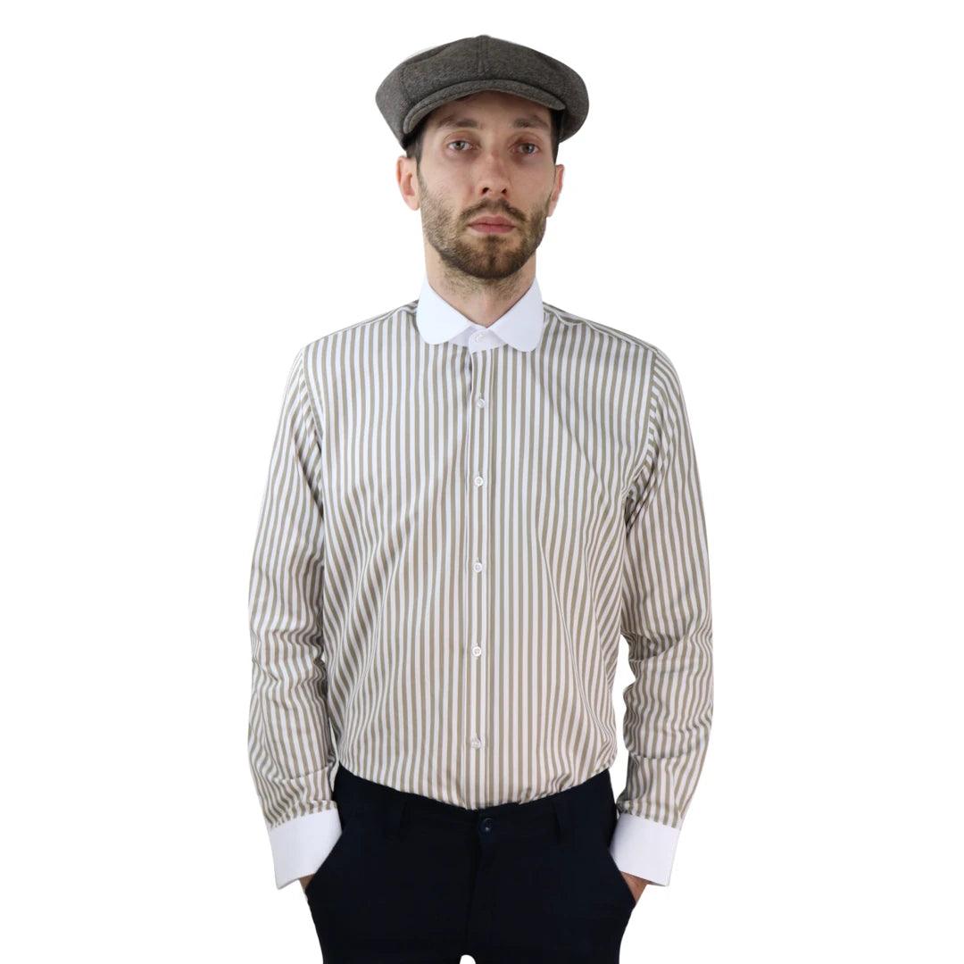 Mens Penny Button Shirt Round Collar Peaky Blinders Stripe Regular Fit Classic - Knighthood Store