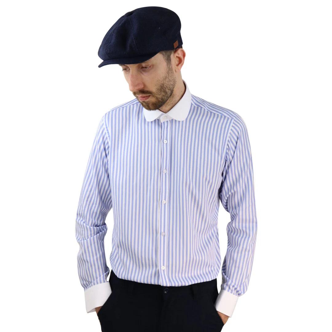 Mens Penny Button Shirt Round Collar Peaky Blinders Stripe Regular Fit Classic - Knighthood Store