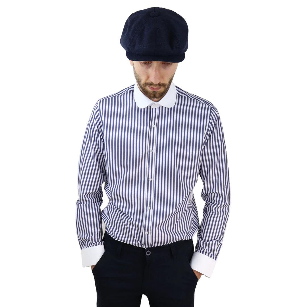 Mens Penny Button Shirt Round Collar Peaky Blinders Stripe Regular Fit Classic - Knighthood Store