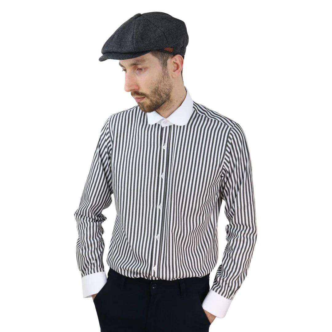 Mens Penny Button Shirt Round Collar Peaky Blinders Stripe Regular Fit Classic - Knighthood Store