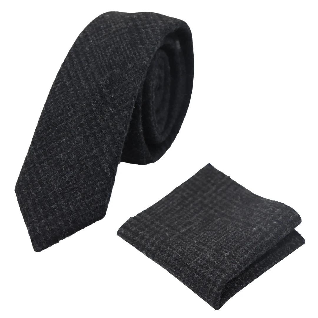 Mens Tweed Herringbone Tie Pocket Square Check Classic Blue Brown Grey Black - Knighthood Store