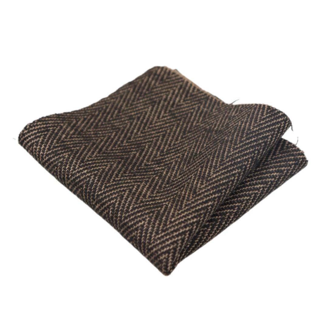 Mens Tweed Herringbone Tie Pocket Square Check Classic Blue Brown Grey Black - Knighthood Store