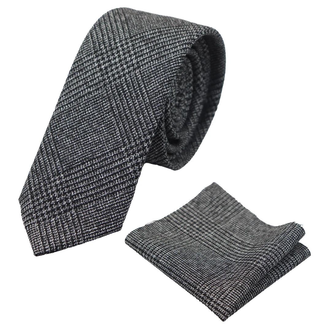 Mens Tweed Herringbone Tie Pocket Square Check Classic Blue Brown Grey Black - Knighthood Store