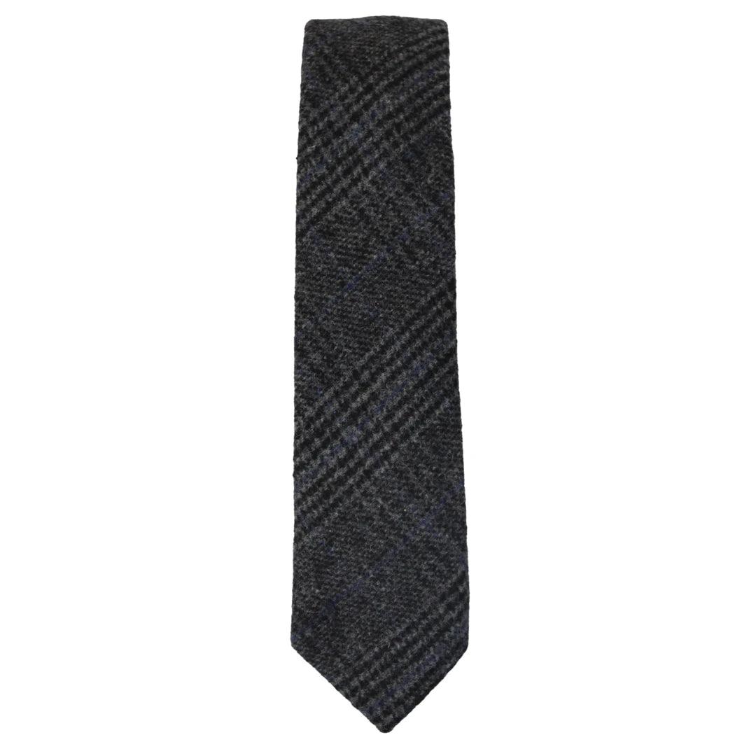 Mens Tweed Herringbone Tie Pocket Square Check Classic Blue Brown Grey Black - Knighthood Store