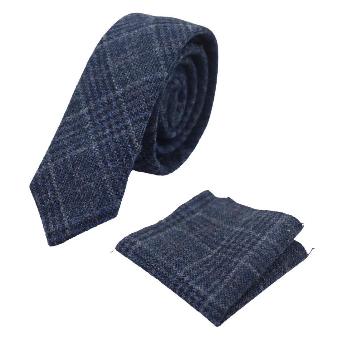 Mens Tweed Herringbone Tie Pocket Square Check Classic Blue Brown Grey Black - Knighthood Store