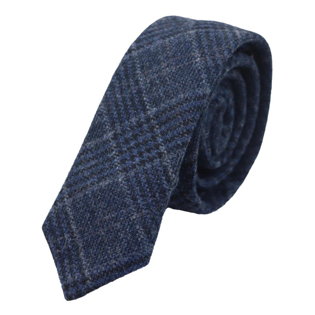 Mens Tweed Herringbone Tie Pocket Square Check Classic Blue Brown Grey Black - Knighthood Store