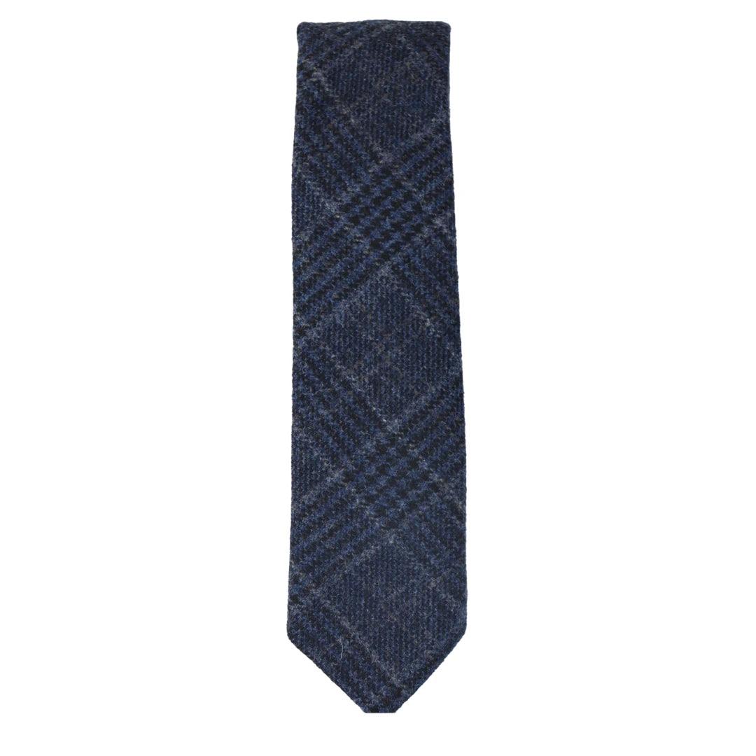 Mens Tweed Herringbone Tie Pocket Square Check Classic Blue Brown Grey Black - Knighthood Store