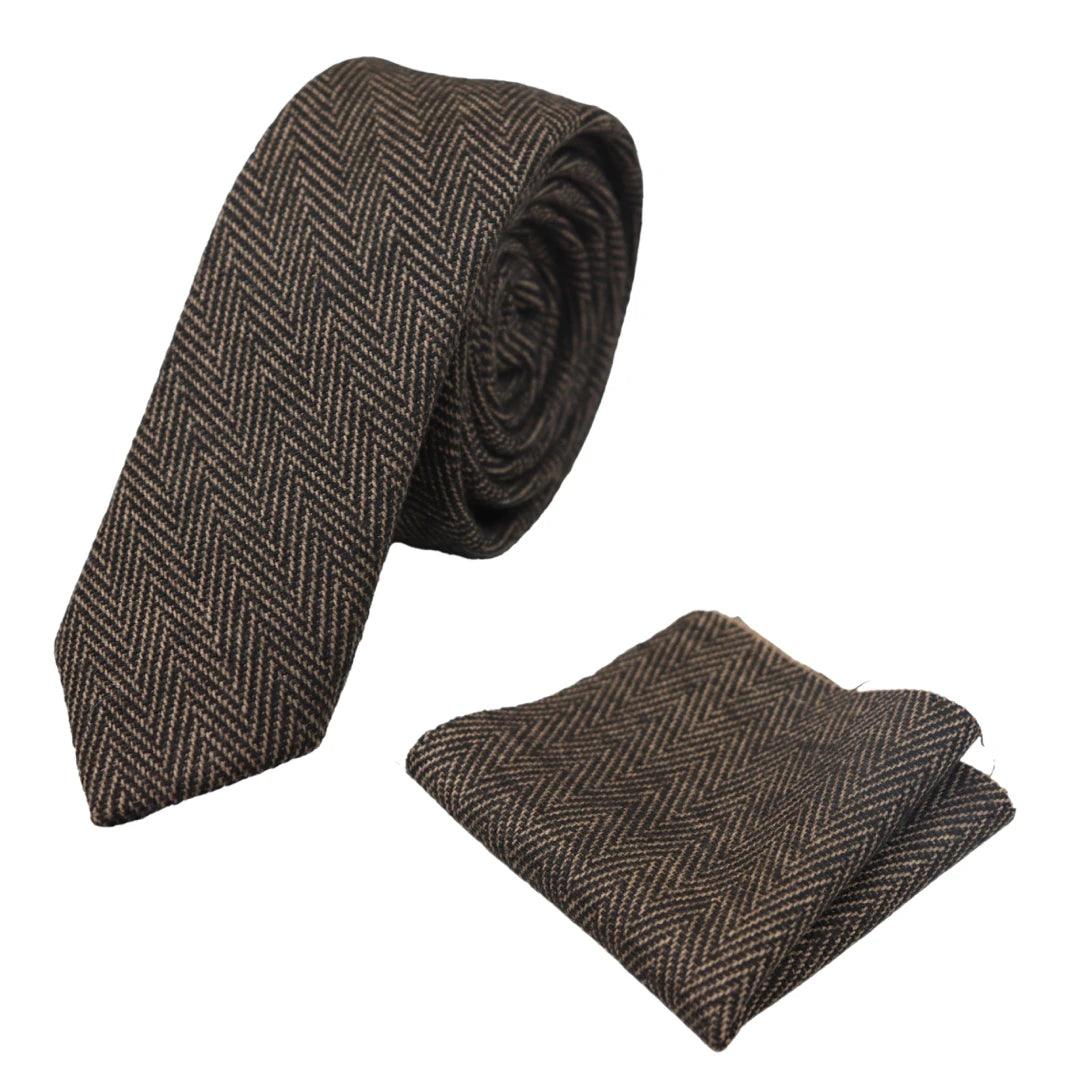 Mens Tweed Herringbone Tie Pocket Square Check Classic Blue Brown Grey Black - Knighthood Store