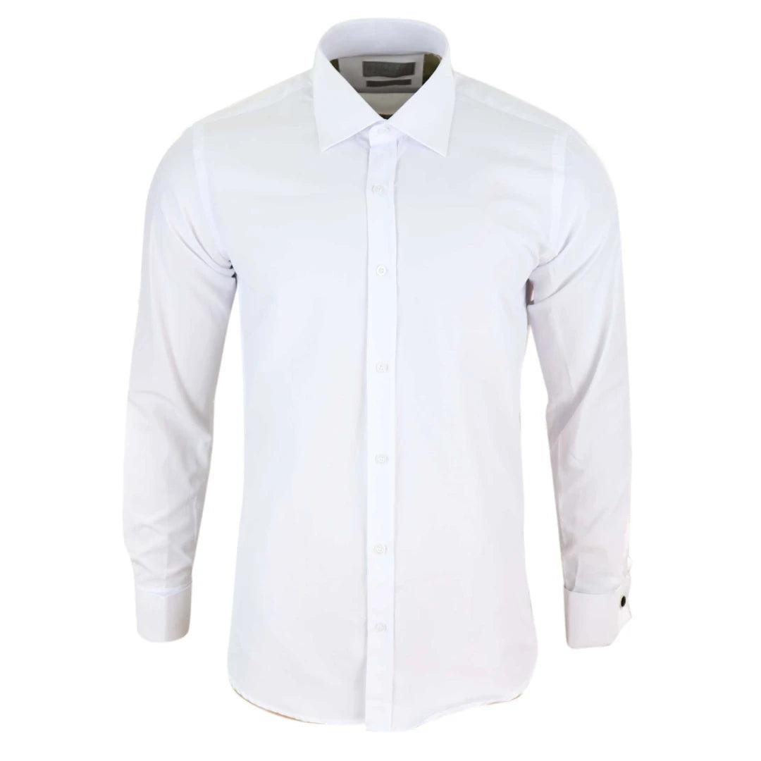 Mens White Nehru Classic Round Removable Collar Button Shirt Slim Regular Fit - Knighthood Store