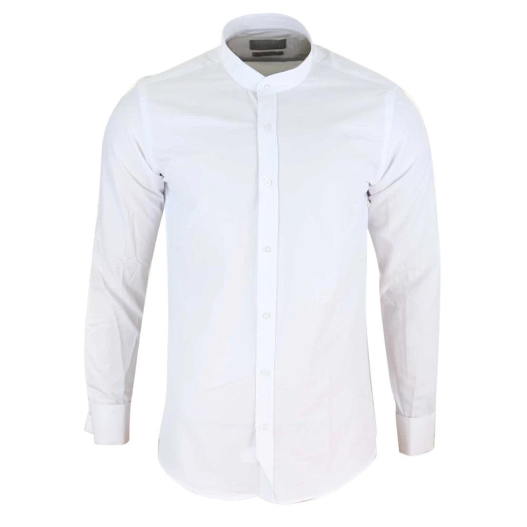 Mens White Nehru Classic Round Removable Collar Button Shirt Slim Regular Fit - Knighthood Store