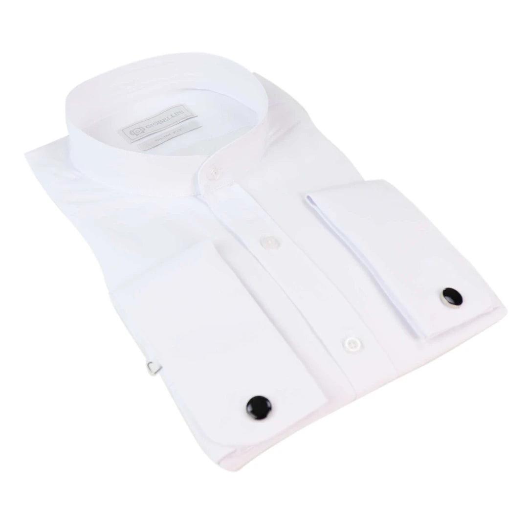 Mens White Nehru Classic Round Removable Collar Button Shirt Slim Regular Fit - Knighthood Store