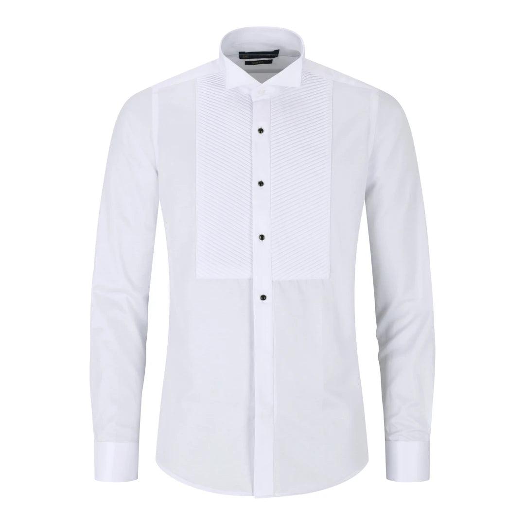 Mens Wing Collar White Shirt Pleated Tuxedo Double Cuff Slim Fit Satin Cotton - Knighthood Store