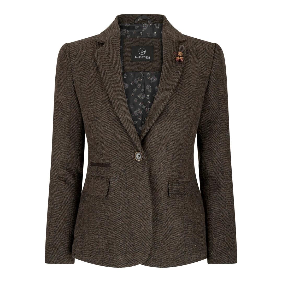 Womens Tweed Herringbone Blazer Jacket Waistcoat Brown 1920s Vintage Tailored - Knighthood Store
