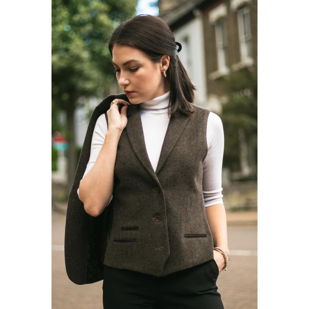 Womens Tweed Herringbone Blazer Jacket Waistcoat Brown 1920s Vintage Tailored - Knighthood Store