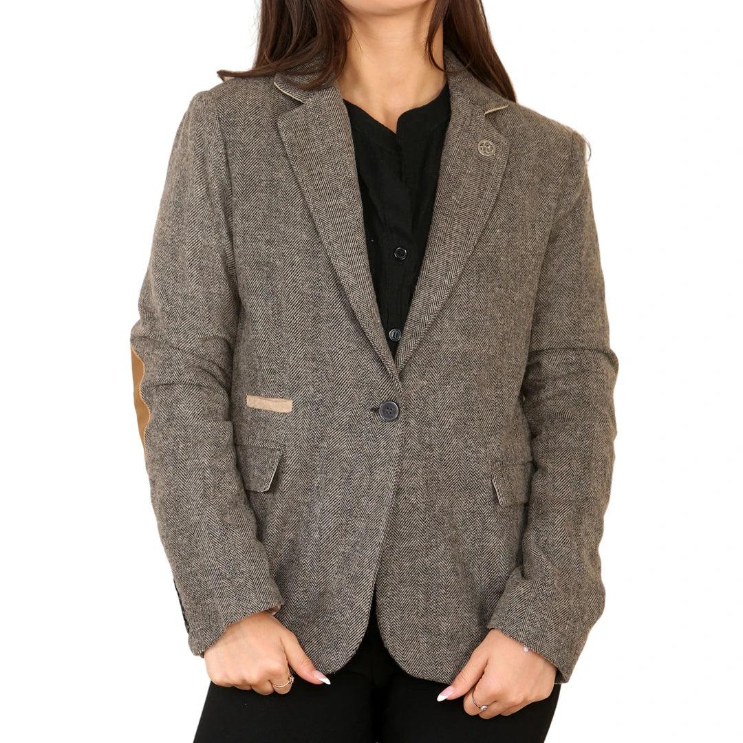 Womens Herringbone Tweed Waistcoat Blazer Oak Brown Classic Vintage Shooting Jacket - Knighthood Store