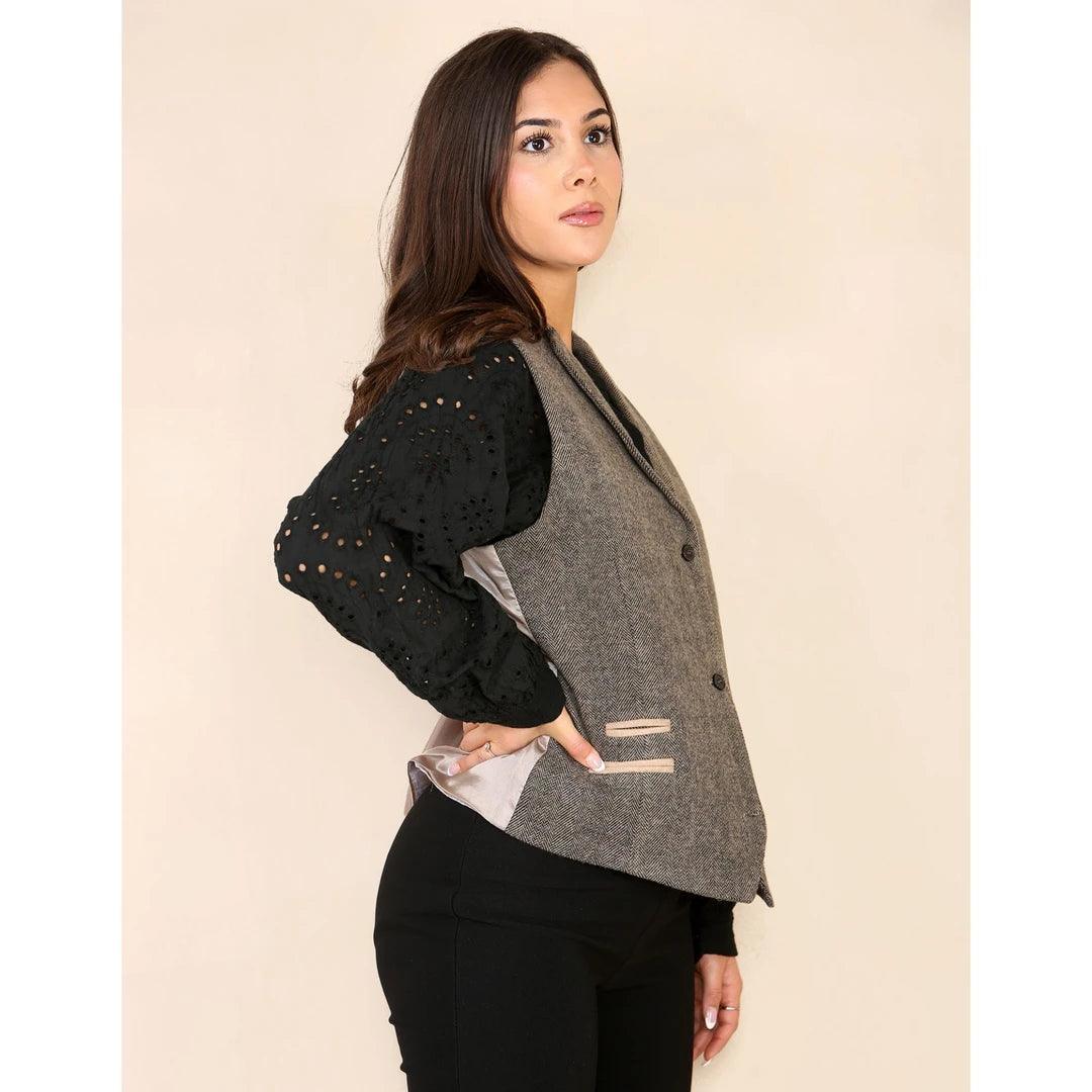 Womens Herringbone Tweed Waistcoat Blazer Oak Brown Classic Vintage Shooting Jacket - Knighthood Store