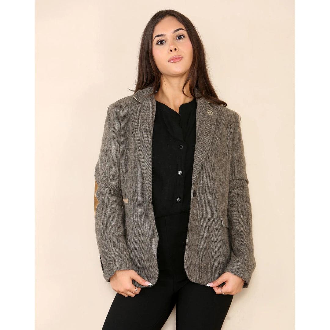 Womens Herringbone Tweed Waistcoat Blazer Oak Brown Classic Vintage Shooting Jacket - Knighthood Store