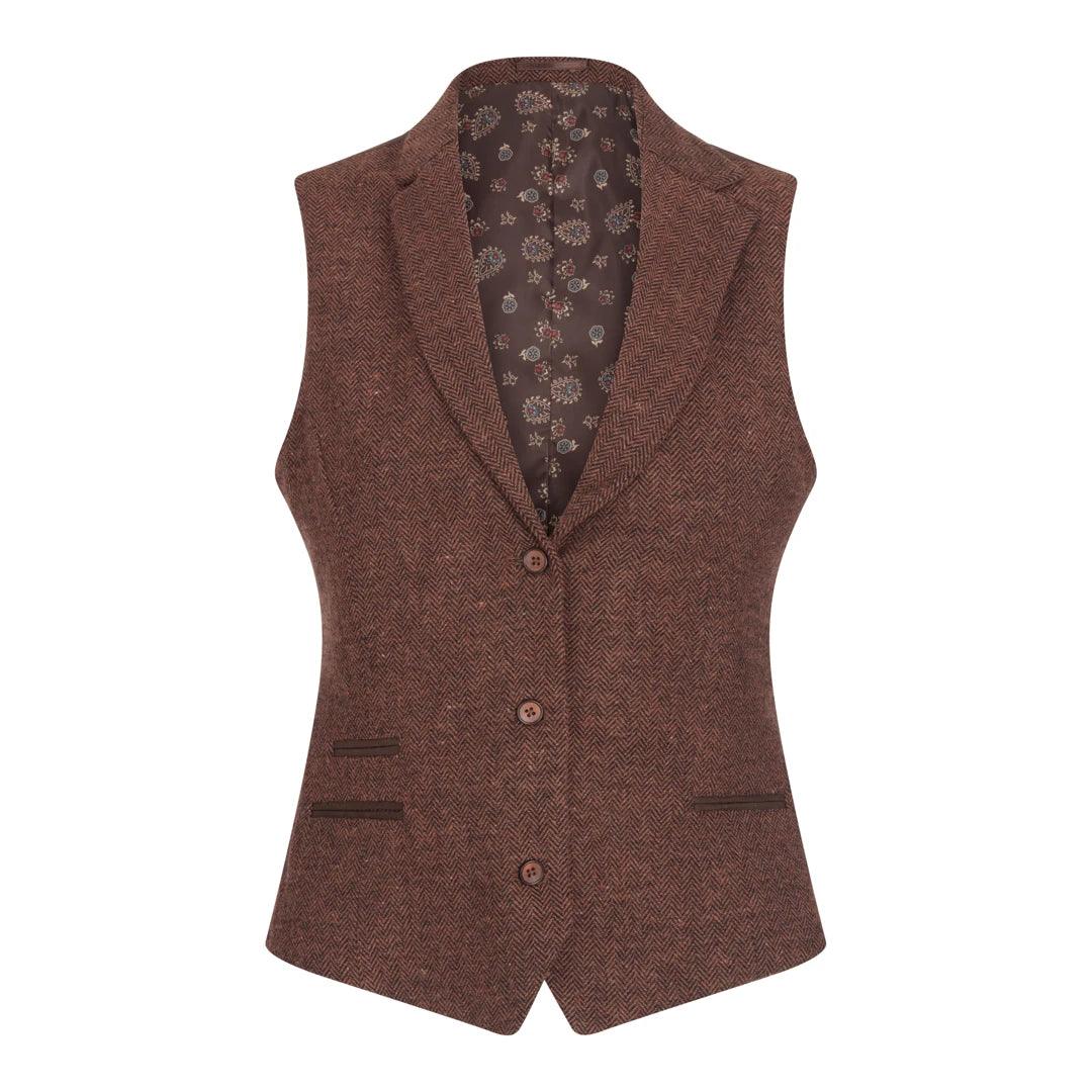 Ladies Tweed Suit Blazer Trousers Waistcoat Herringbone Wool Vintage Rust Brown - Knighthood Store