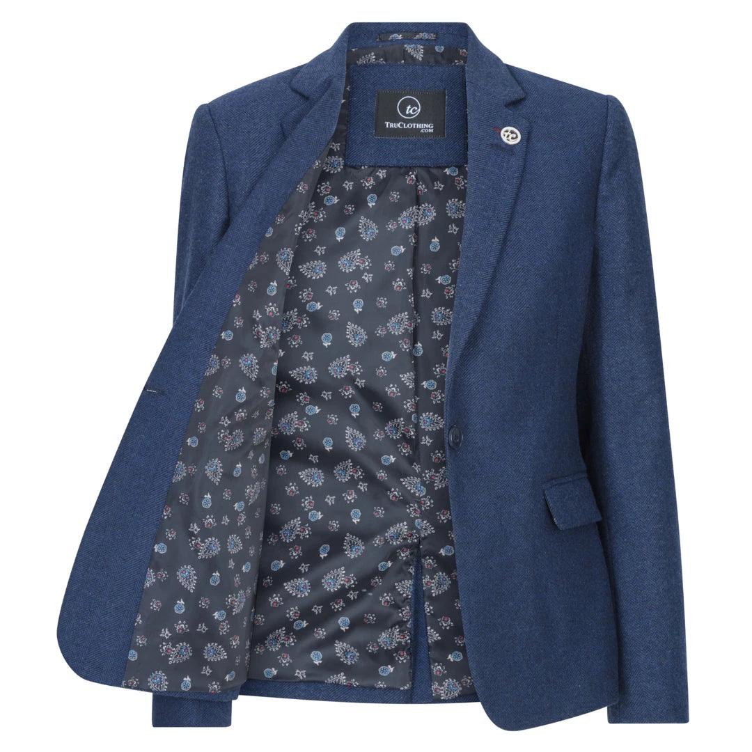 Womens Tweed Herringbone Blazer Jacket Waistcoat Navy Blue 1920s Vintage - Knighthood Store
