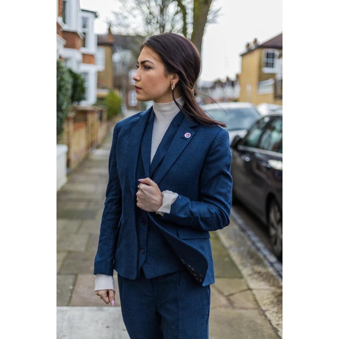 Womens Tweed Herringbone Blazer Jacket Waistcoat Navy Blue 1920s Vinta