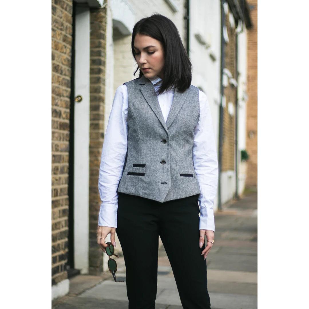 Womens Tweed Grey Black Blazer Jacket Waistcoat Elow Patch Classic Peaky 1920s - Knighthood Store