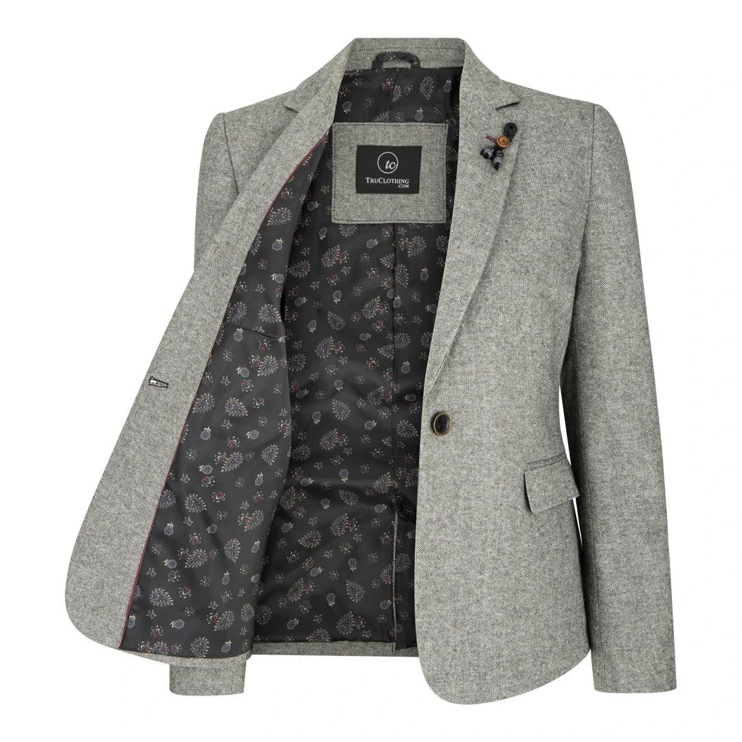Womens Tweed Grey Black Blazer Jacket Waistcoat Elow Patch Classic Peaky 1920s - Knighthood Store