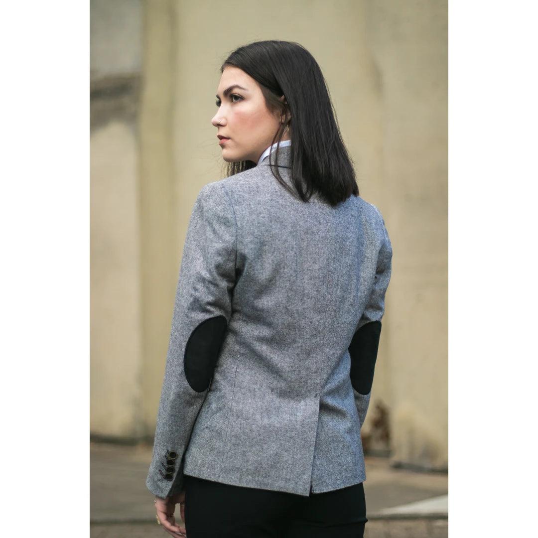 Womens Tweed Grey Black Blazer Jacket Waistcoat Elow Patch Classic Peaky 1920s - Knighthood Store